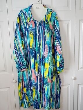 D & Co Tropical Stripe Button-Front Cover Up House Dress in Aqua & Navy 2X
